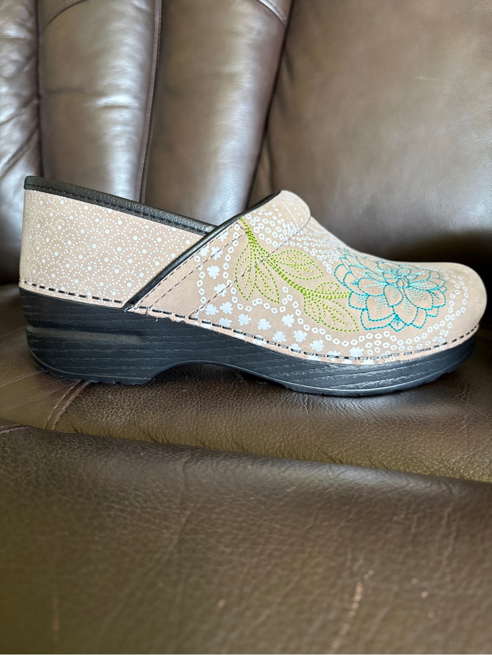Dansko Beige Floral Embroidered Clogs. 
So Much Style and All Day Comfort.